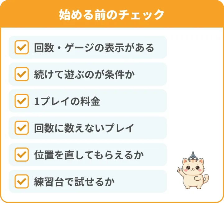 始める前のチェック。回数・ゲージの表示がある、続けて遊ぶのが条件か、1プレイの料金、回数に数えないプレイ、位置を直してもらえるか、練習台で試せるか