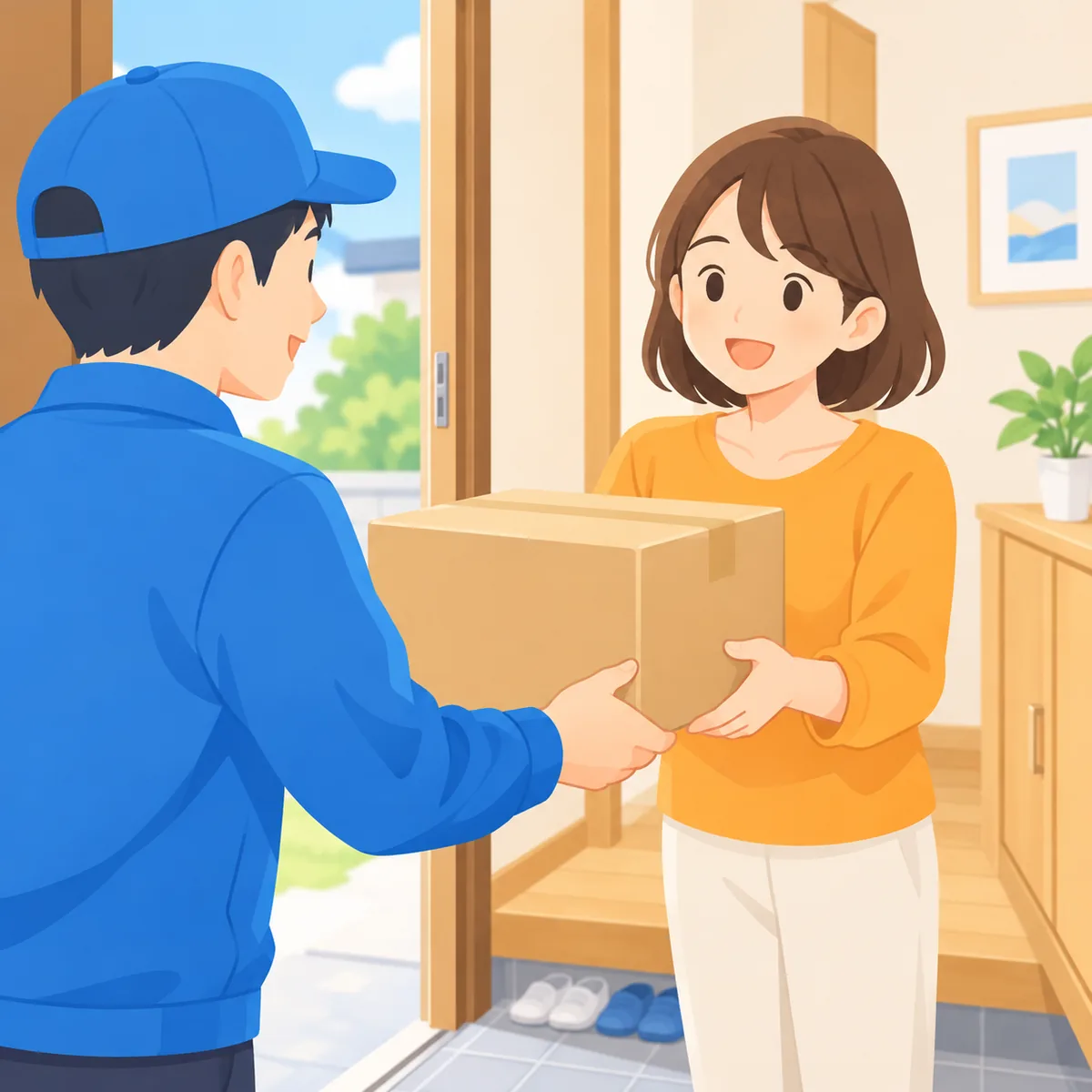 取れた景品の入った段ボールを玄関で受け取る人