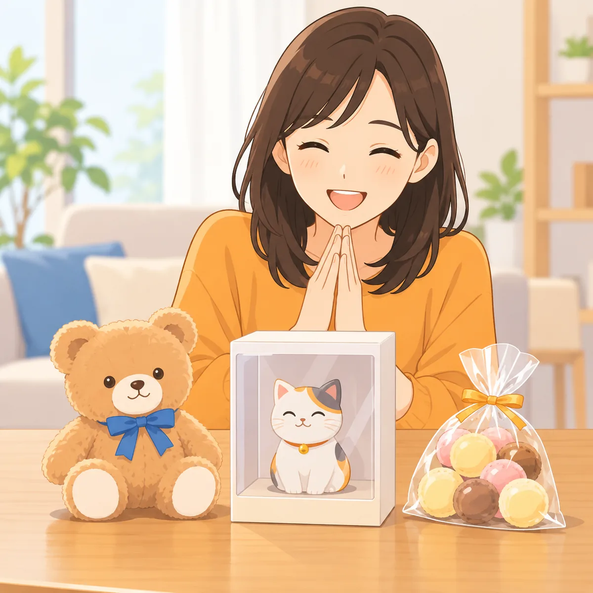家に届いた景品(ぬいぐるみ・フィギュア・お菓子)を並べて喜ぶ人