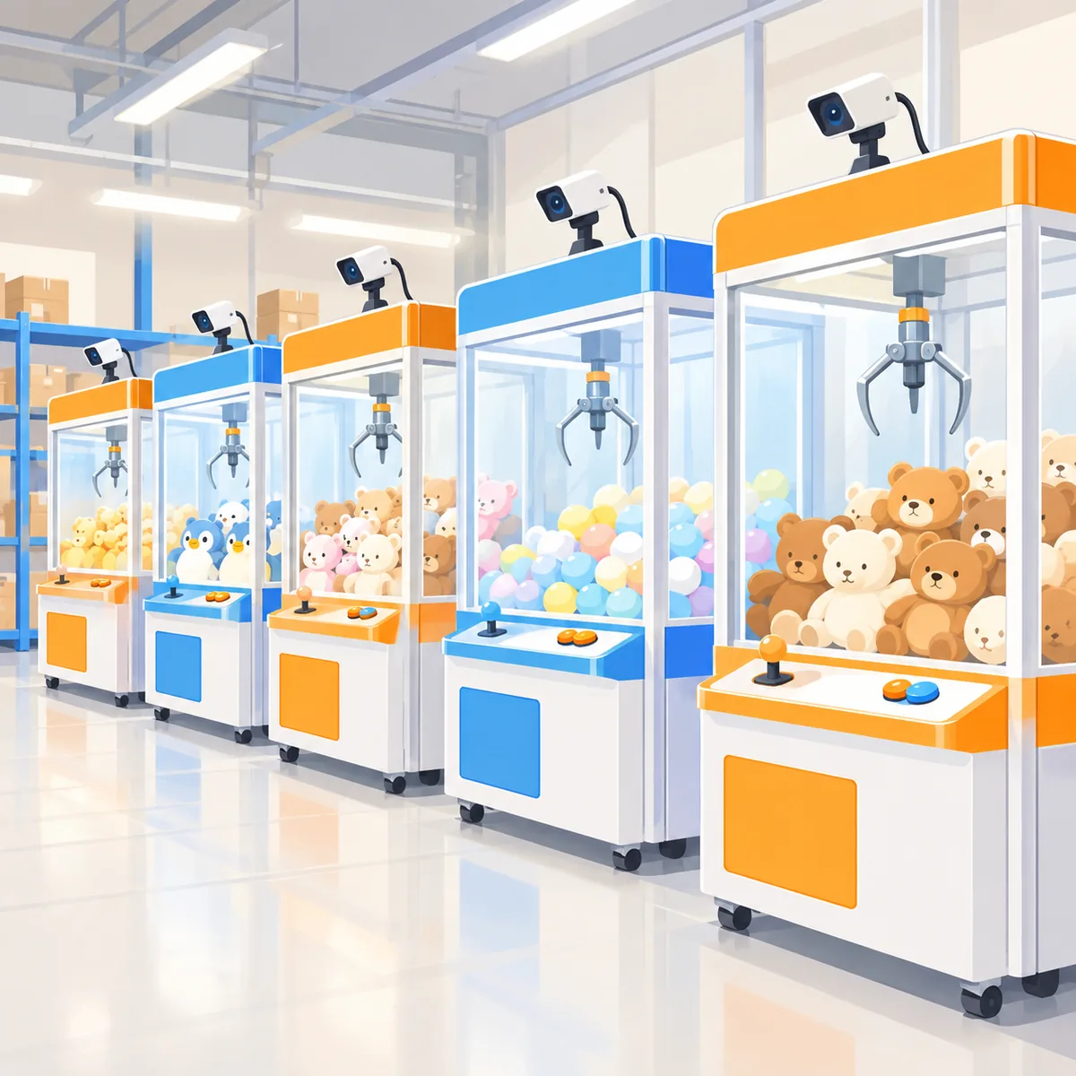 カメラの付いたクレーンゲーム機が並ぶ倉庫