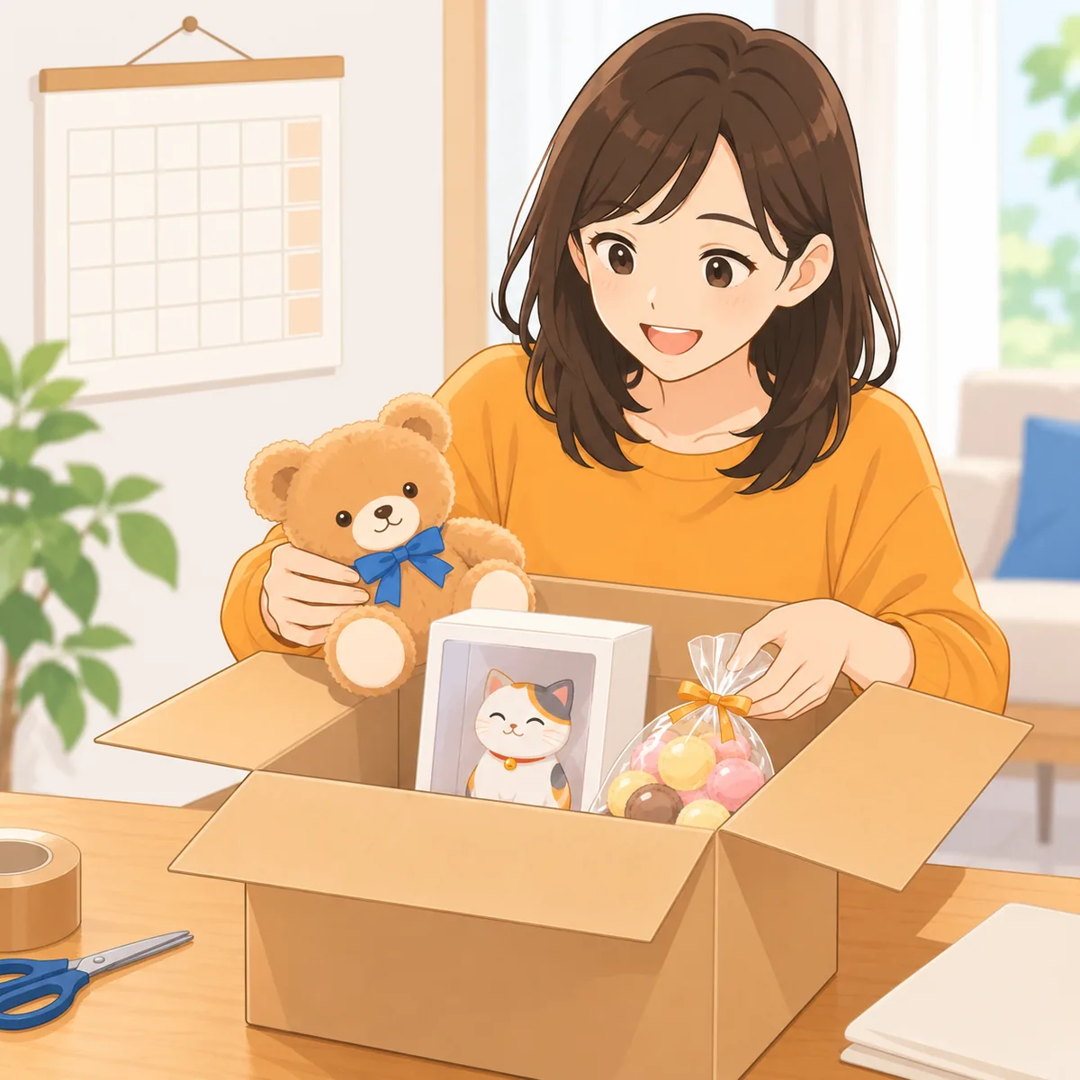 カレンダーを見ながら取った景品を1つの箱にまとめて入れる人