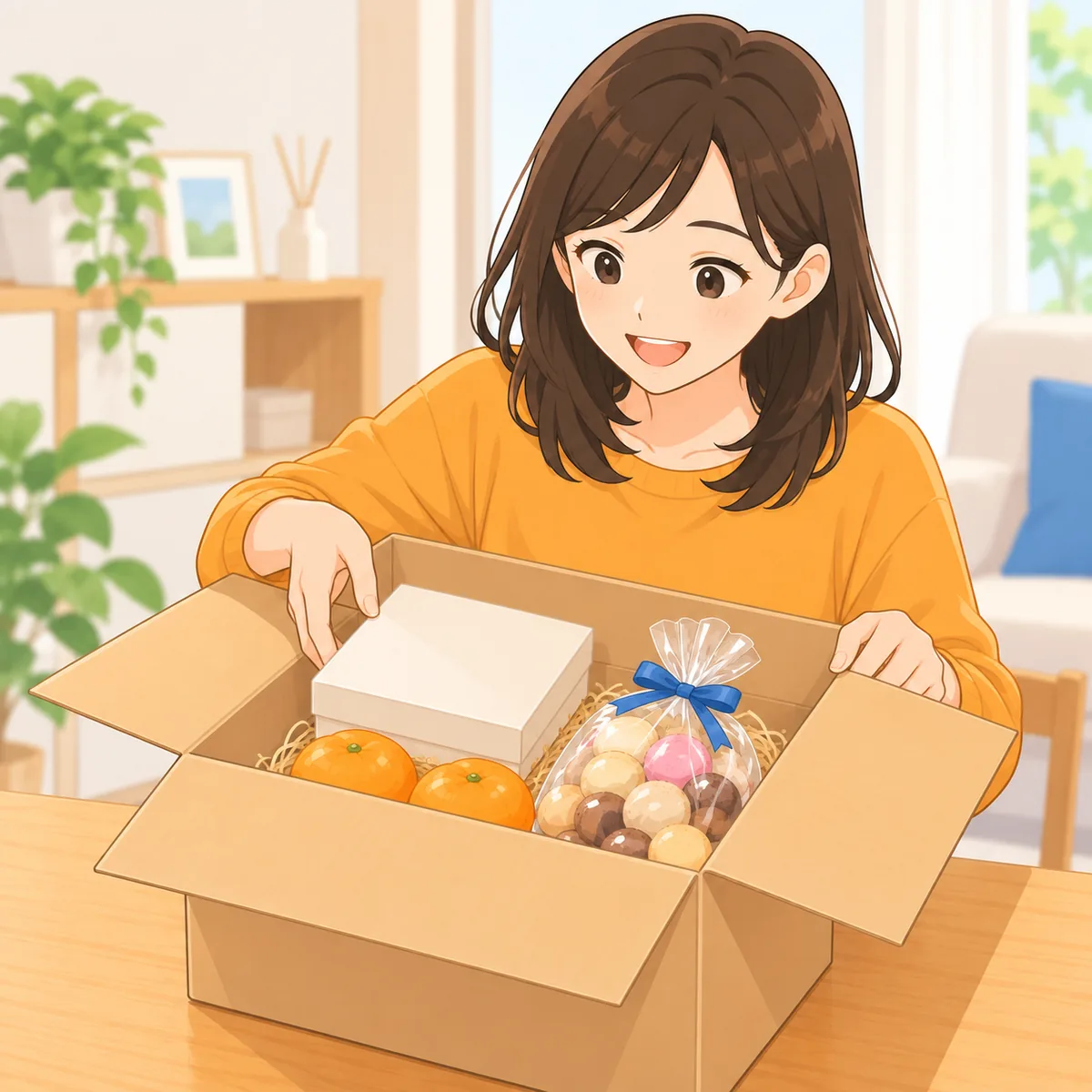 届いた段ボールに入っていた食べ物の景品を見て喜ぶ人