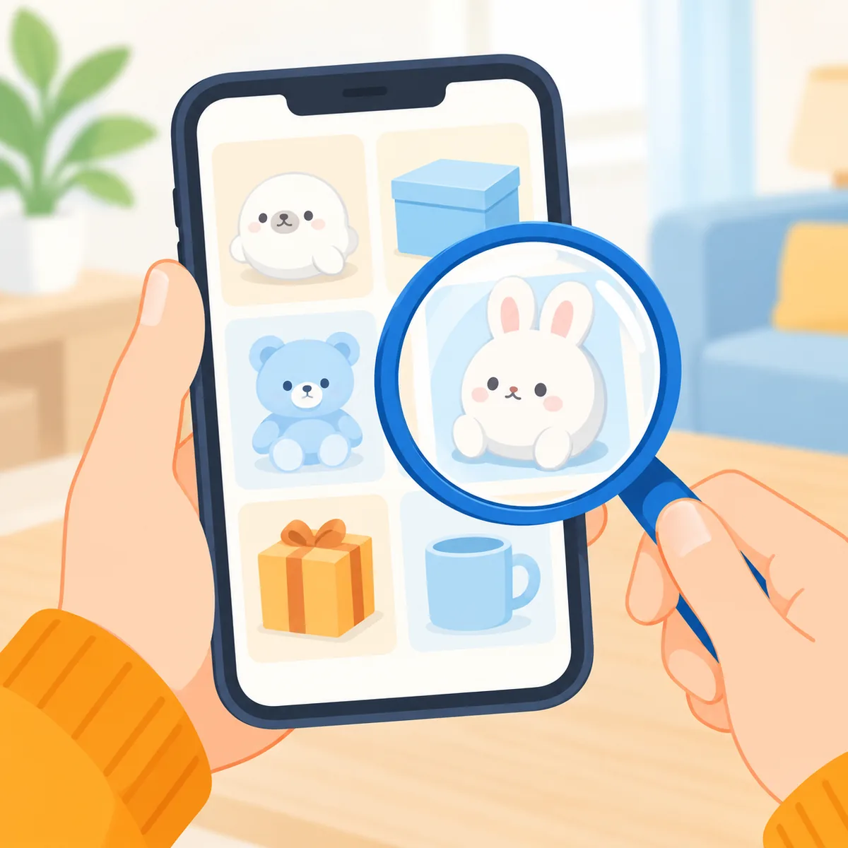 スマホの景品一覧を虫眼鏡で探している手元