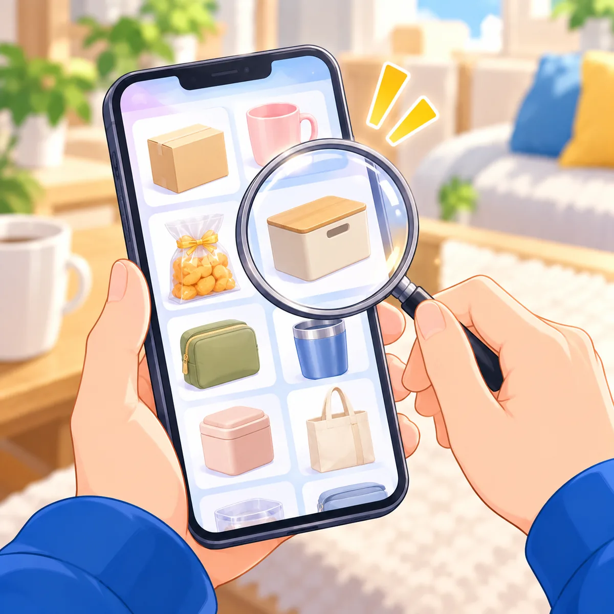 スマホの景品一覧から箱やマグカップなどの景品を虫眼鏡で探している手元