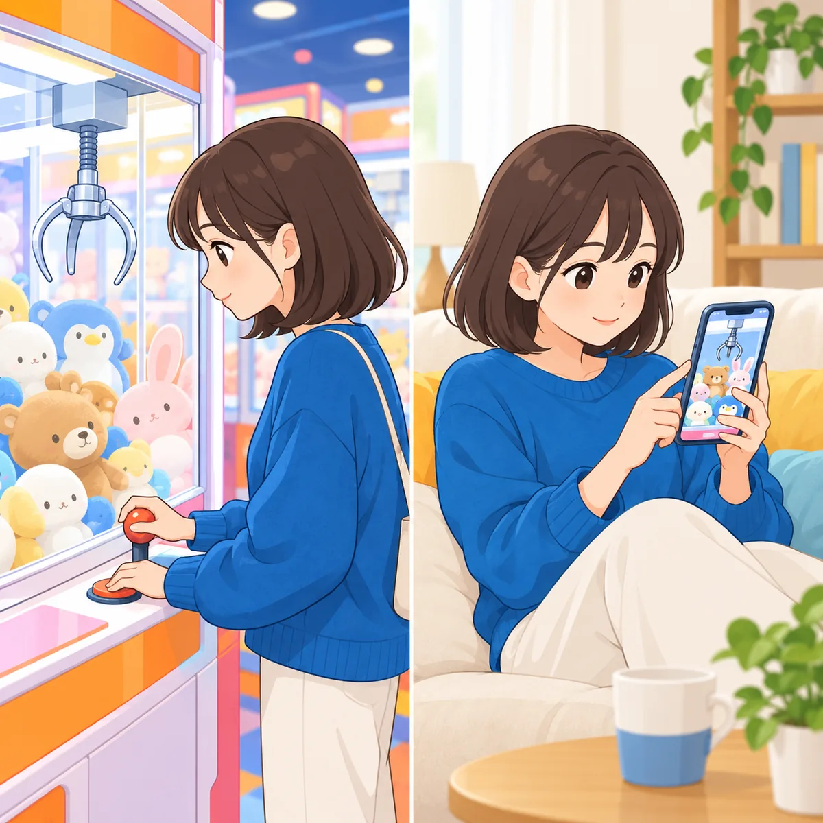 ゲームセンターでクレーンゲーム機を遊ぶ人と、家のソファでスマホのクレーンゲームを遊ぶ同じ人