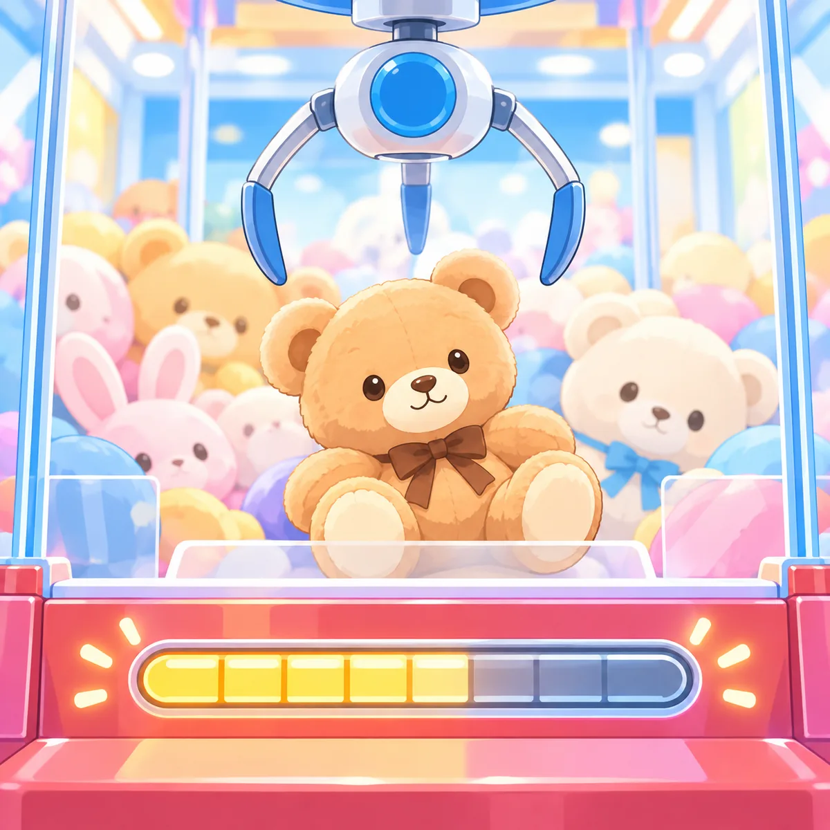 クレーンゲーム機の前面でゲージが少しずつたまっている様子