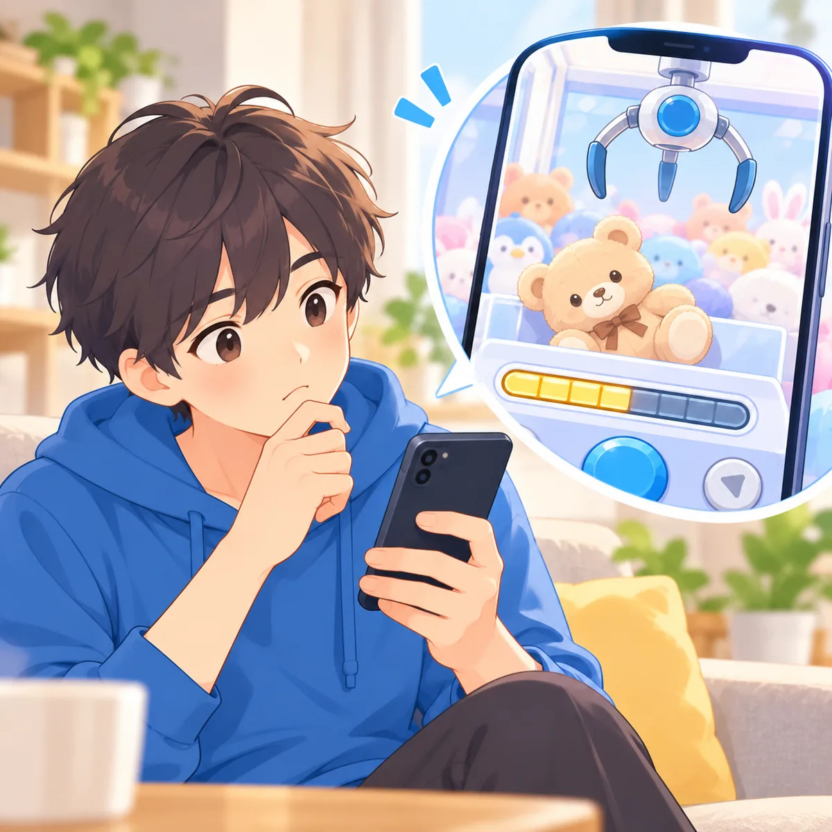 あと少しで取れず、首をかしげて画面を見直している人