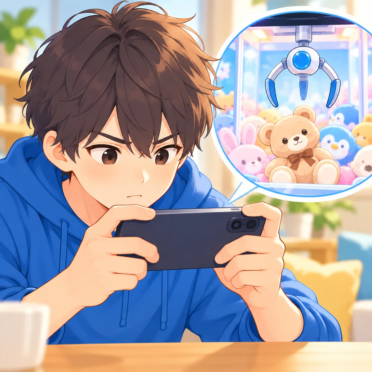 スマホを横に持ち、真剣にアームの位置を合わせている人