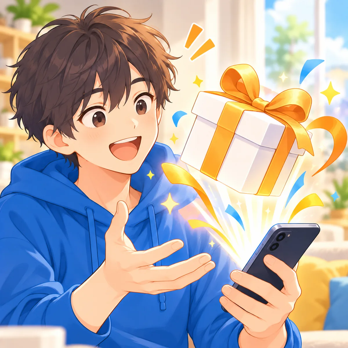 スマホから出てきたプレゼントの箱を受け取って喜ぶ人