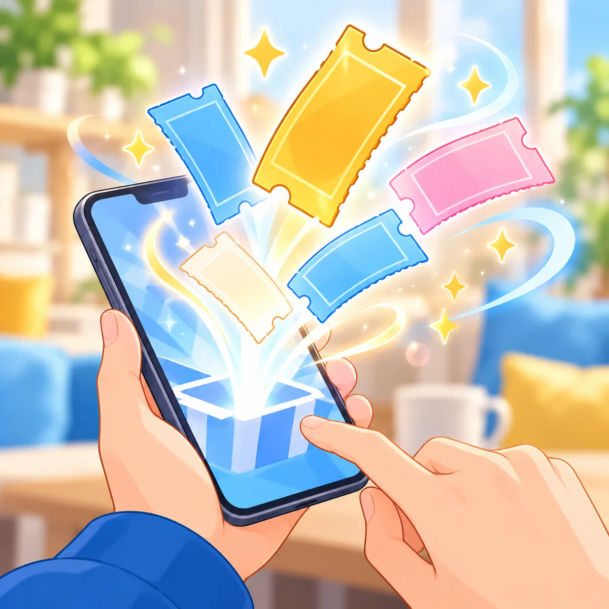 スマホの画面からチケットが出てきている手元