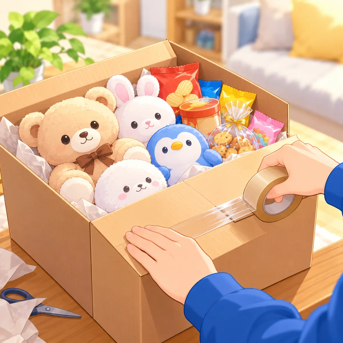 段ボール箱にぬいぐるみとお菓子を入れてテープで閉じようとしている手元