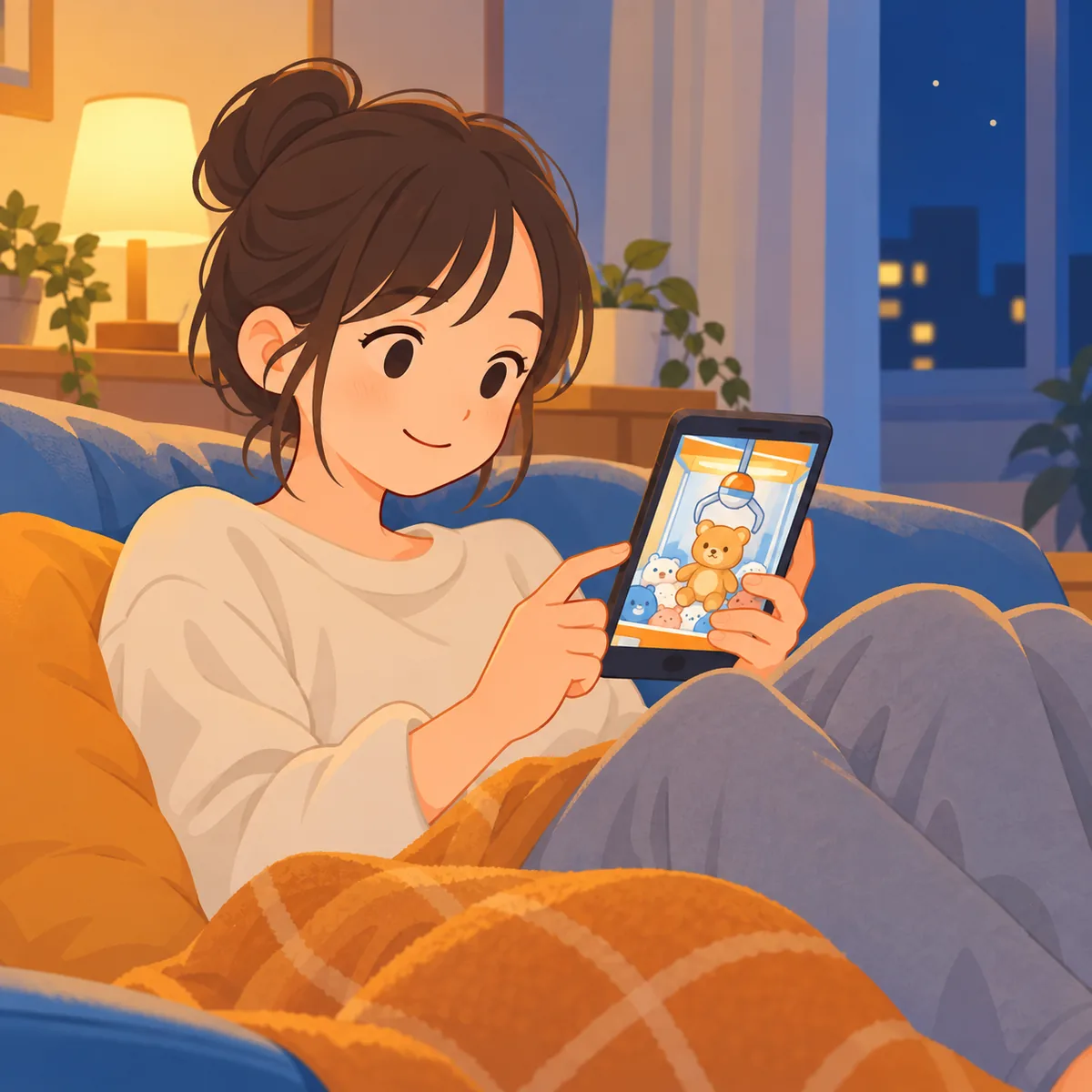 夜の部屋でくつろぎながらスマホのクレーンゲームを遊ぶ人