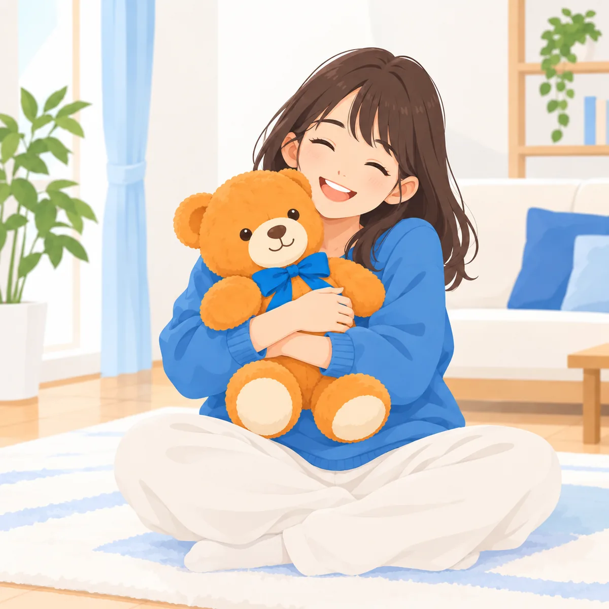 届いたクマのぬいぐるみを抱きしめて喜ぶ人