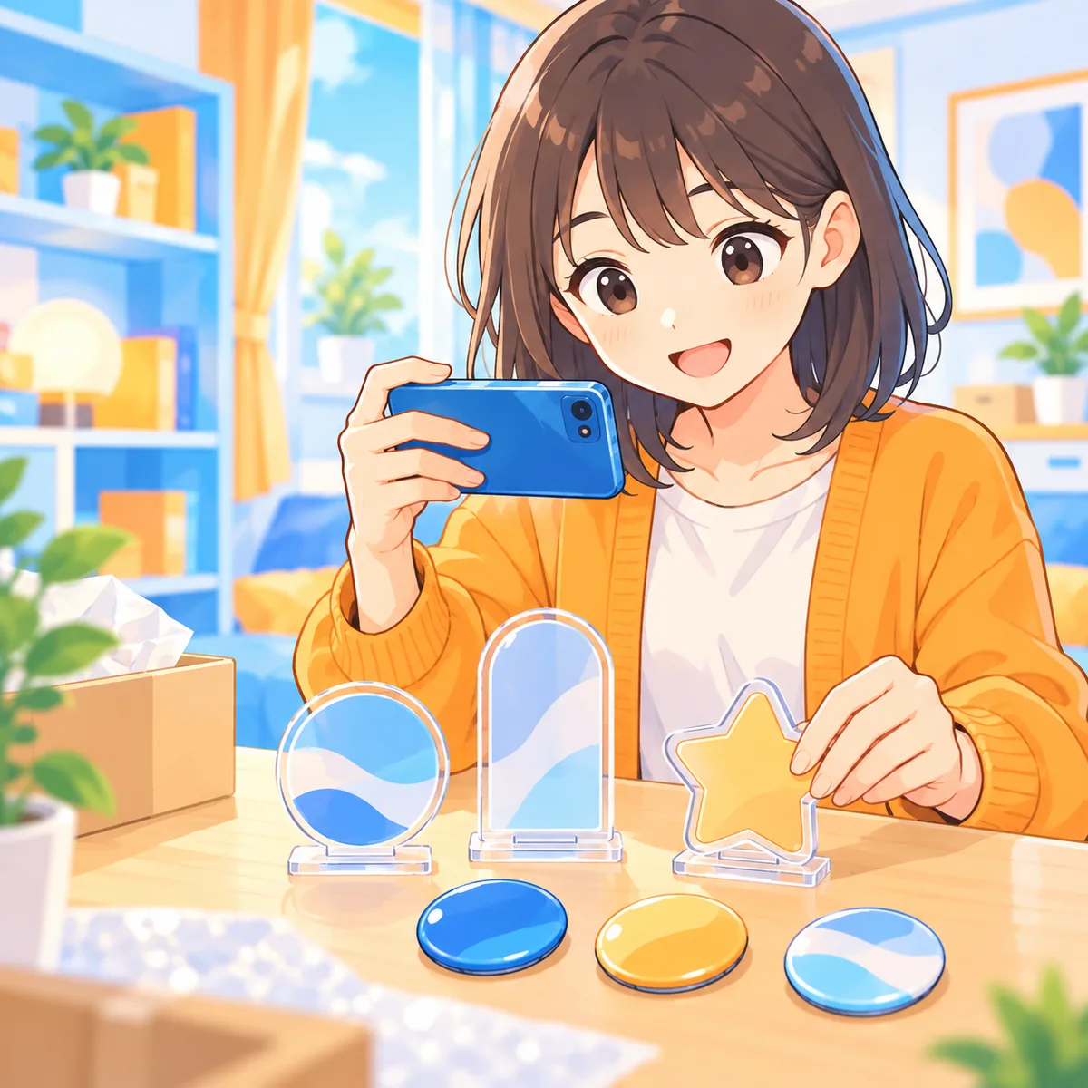 机に並べたアクリルスタンドと缶バッジをスマホで撮る人