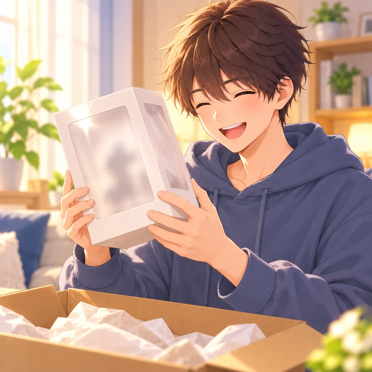 届いた窓付きの箱を両手で持って眺める人