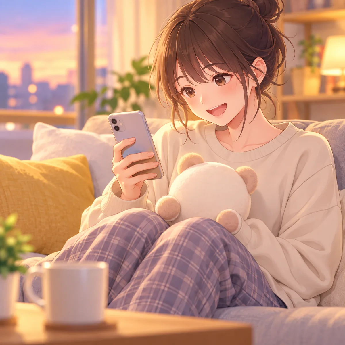 ソファでぬいぐるみを膝にのせてスマホの景品一覧を見る人