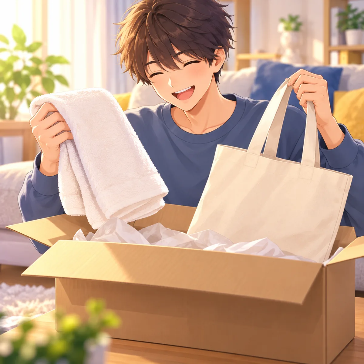 届いた段ボールからタオルとトートバッグを取り出す人