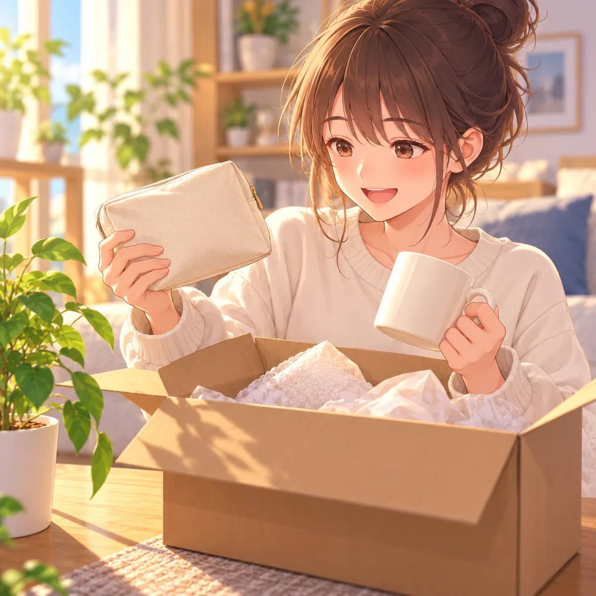 届いた箱からポーチとマグカップを取り出す人