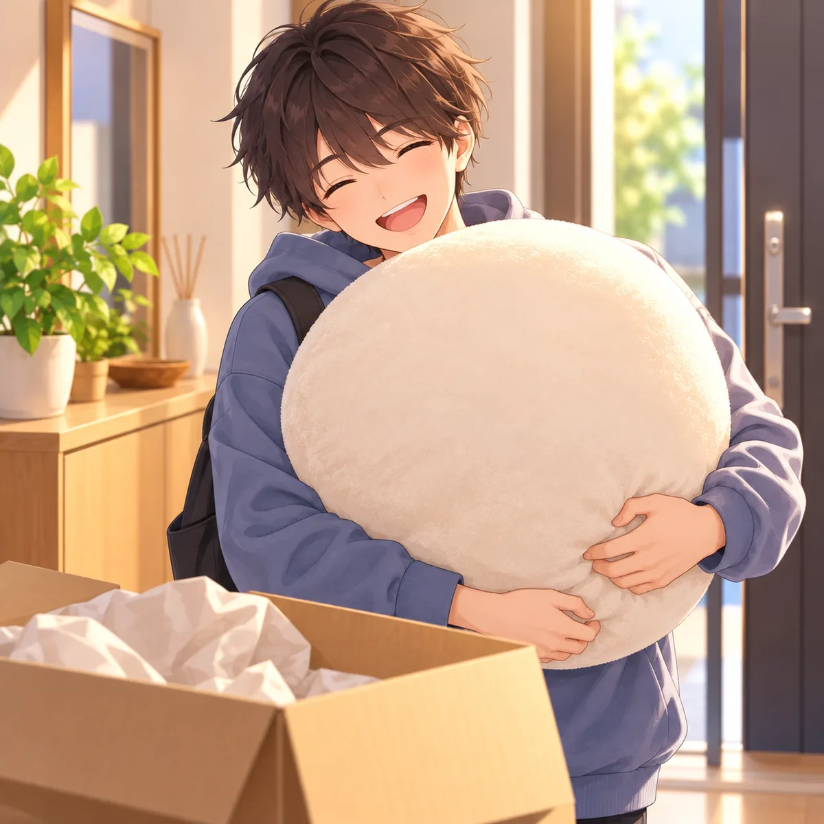 玄関で届いた大きなクッションを抱える人