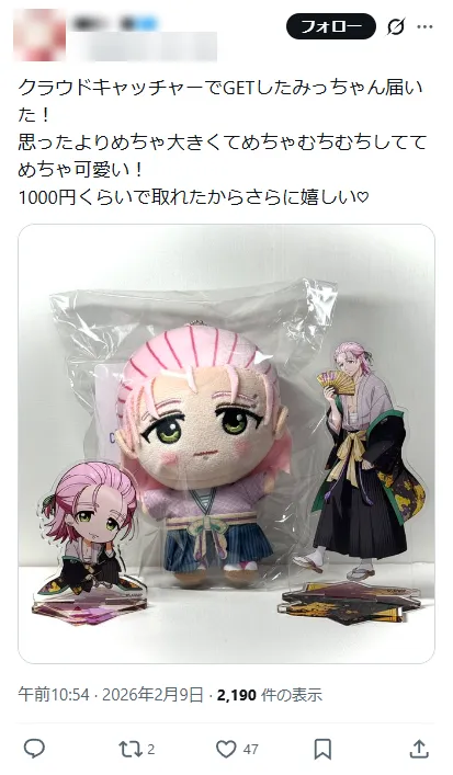 クラウドキャッチャーで取れた人の投稿(約1,000円(本人の記載))